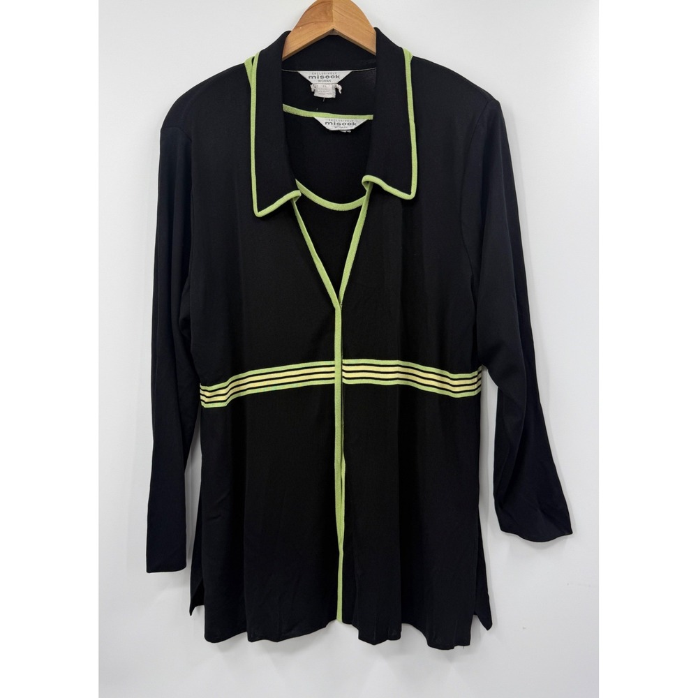 Misook Woman Black Lime Green Striped Knit Tunic Top Long Sleeve Plus Size 1X